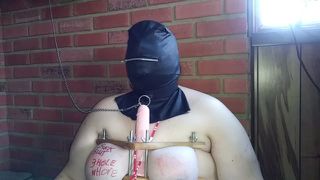 Hooded girl gets bound tits spanked, made to suck.